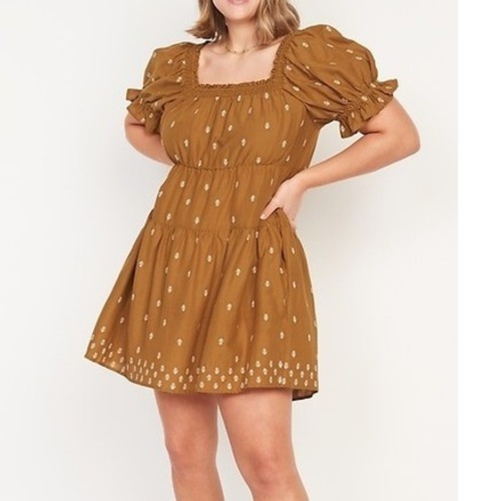 Old Navy Mustard Yellow Embroidered Tiered Smocked Mini Dress Womens 3X NWT